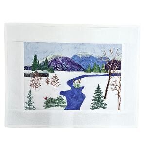 Hand Crafted Embroidered Quilted Wall Art with Winter Scene Cabin in the Woods